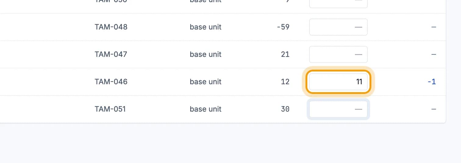 Count table, the Counted field filled in one below the system stock and highlighted