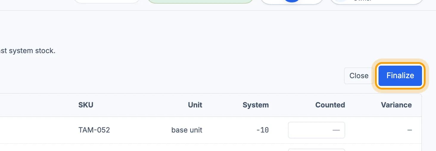 The Finalize button at the top right of the count is highlighted