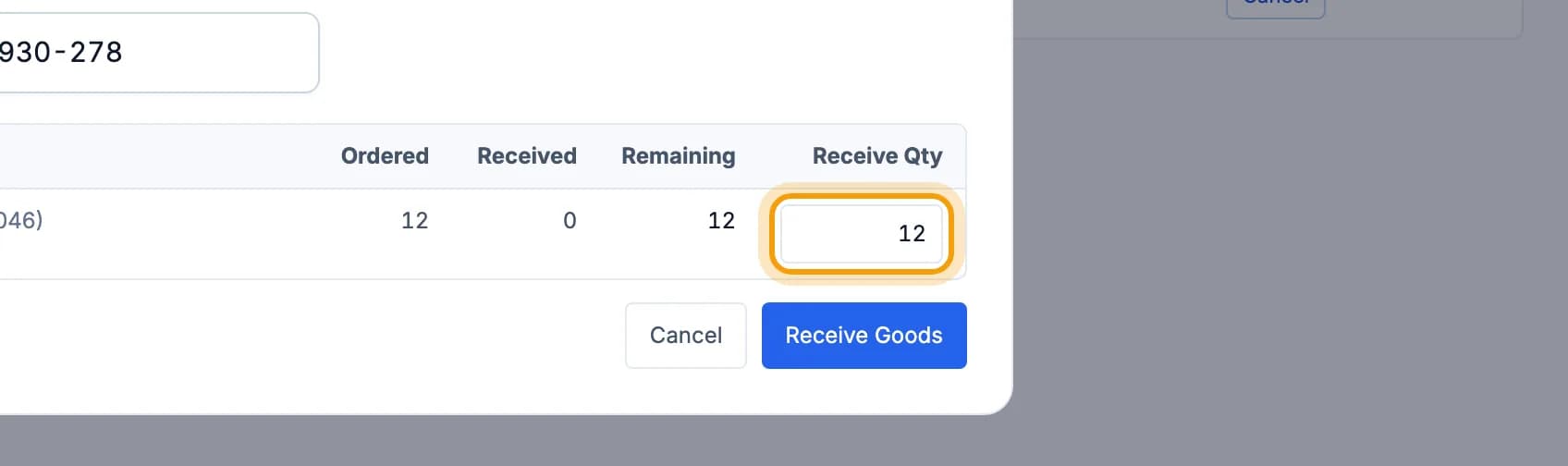 Receive goods from PO window, the Receive Qty field is highlighted