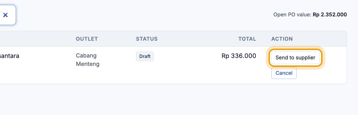 PO row in the list, the Mark as sent button is highlighted