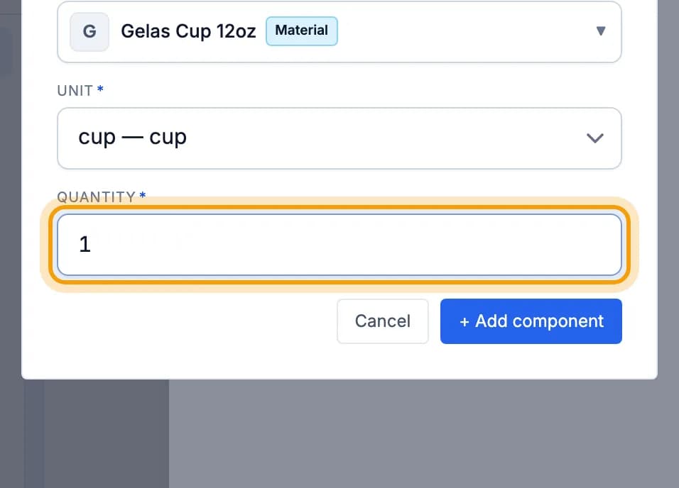 Add recipe component window with Gelas Cup 12oz, the Quantity field is highlighted