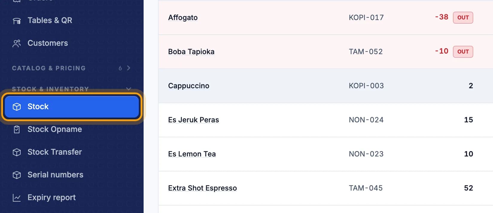 Back Office left menu, the Stock menu is highlighted