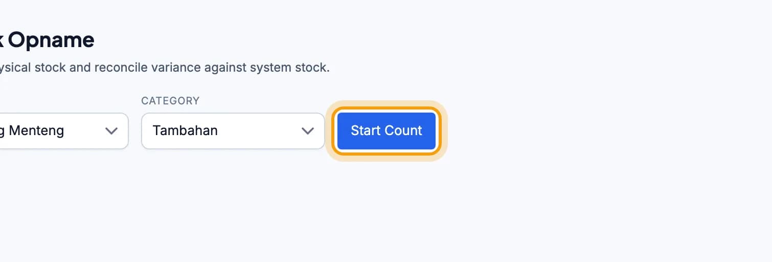 Stock Opname page, the Start Count button is highlighted