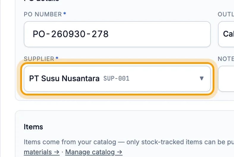 New PO form, the Supplier picker showing PT Susu Nusantara is highlighted