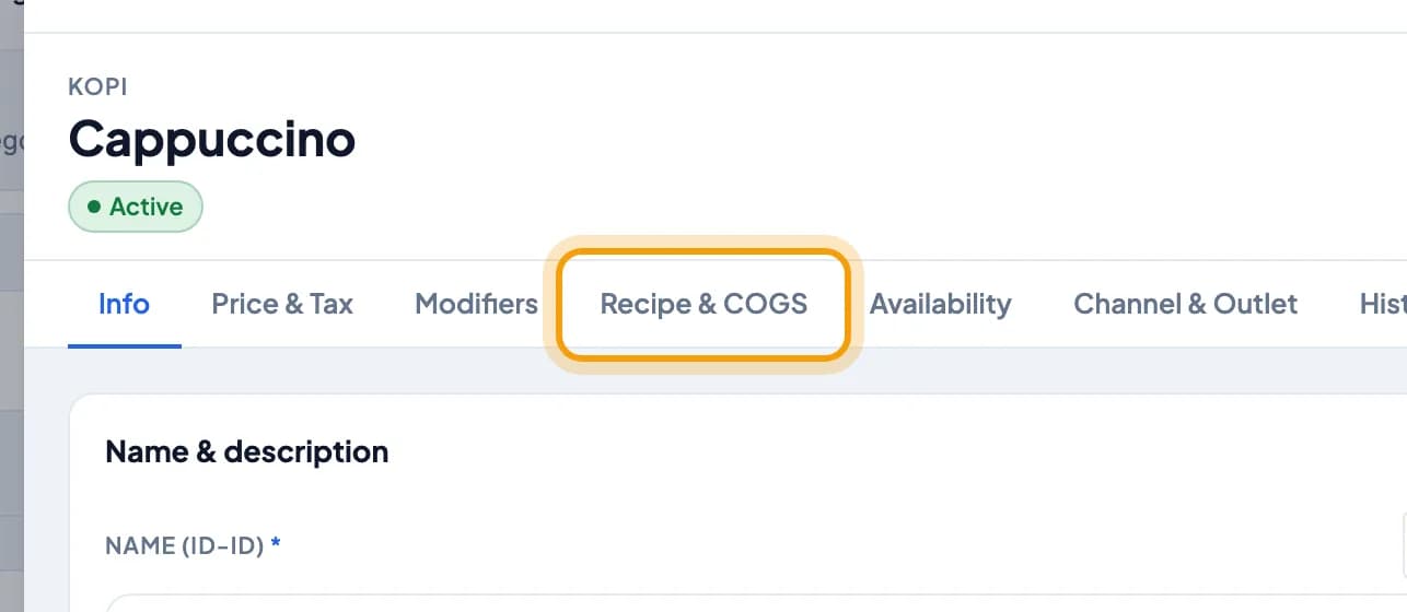 Item panel for Cappuccino, the Recipe & COGS tab is highlighted
