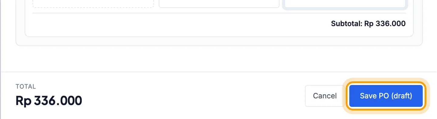 The Save PO (draft) button at the bottom of the form is highlighted