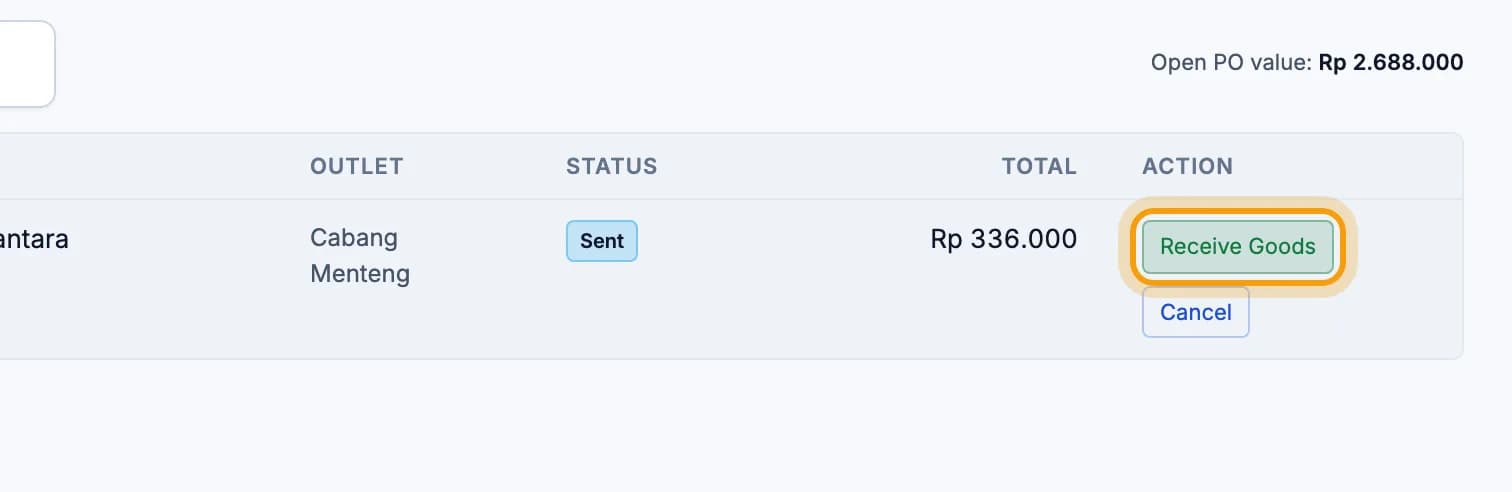 Sent PO row, the Receive Goods button is highlighted