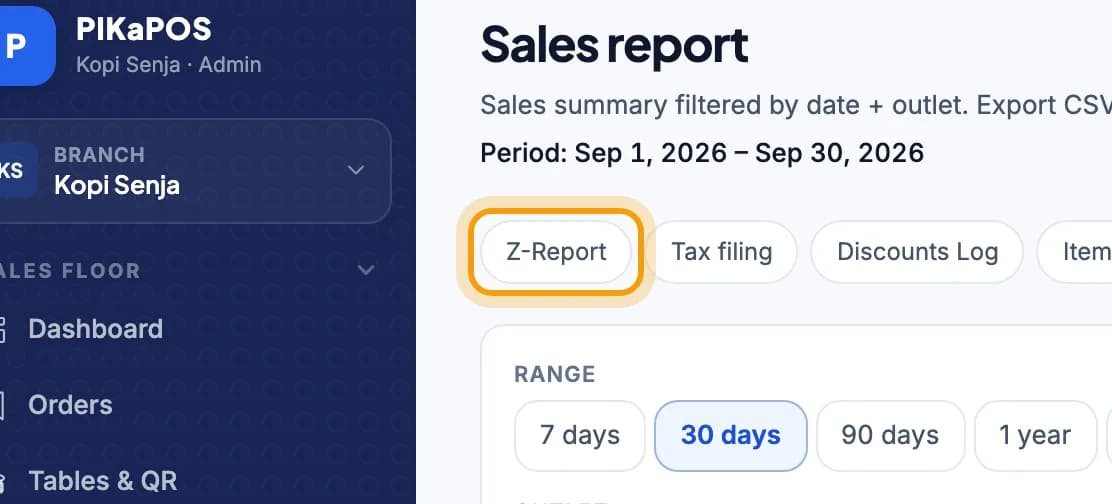 Sales report page, Z-Report button ringed