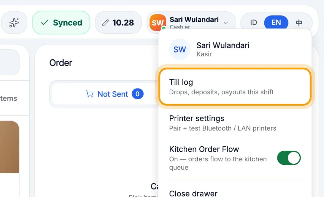 User menu open, Till log ringed