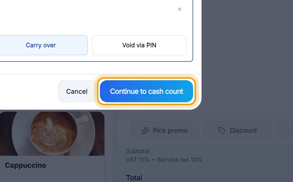 Continue to cash count button ringed