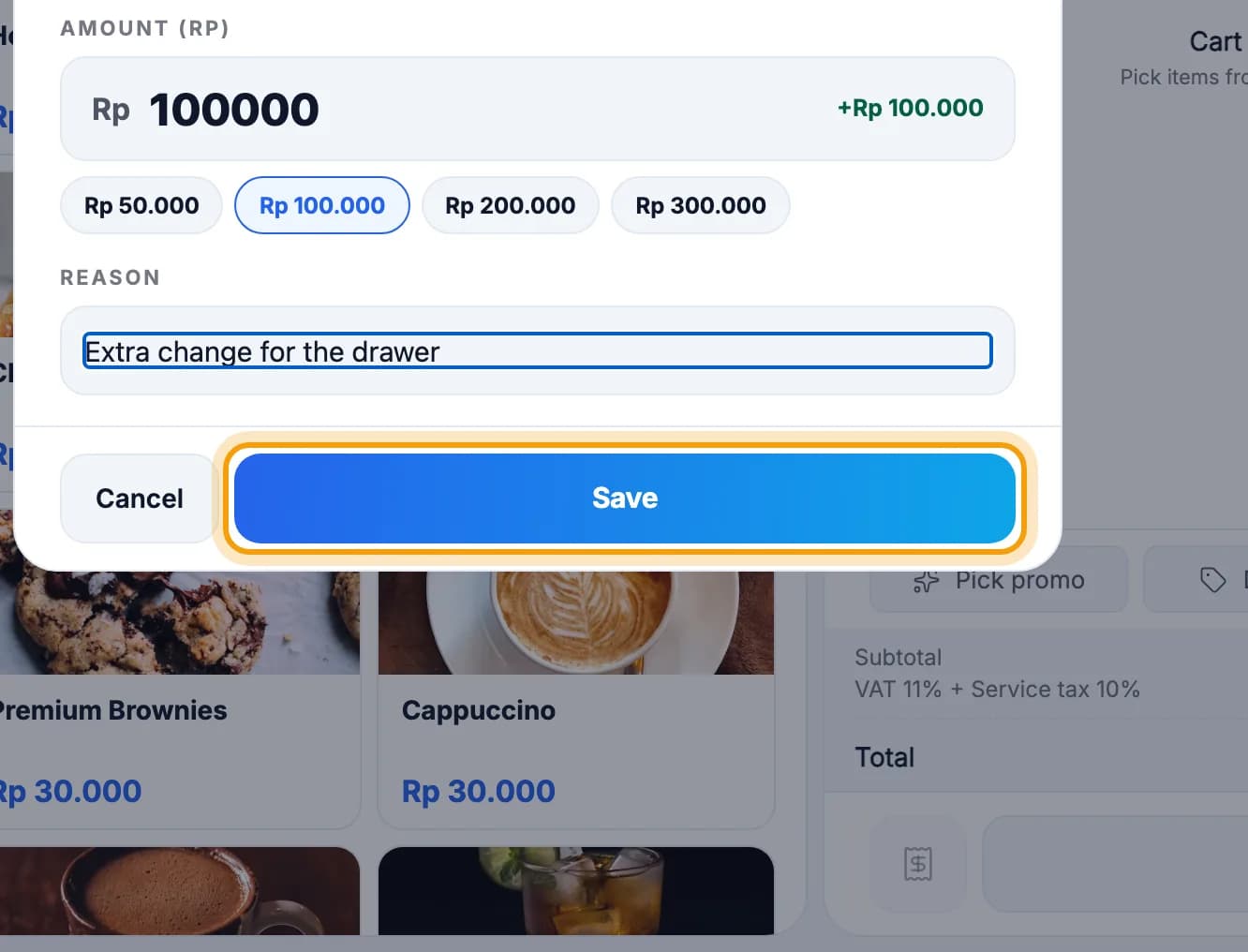 Pay-in form with Rp 100.000, Save button ringed