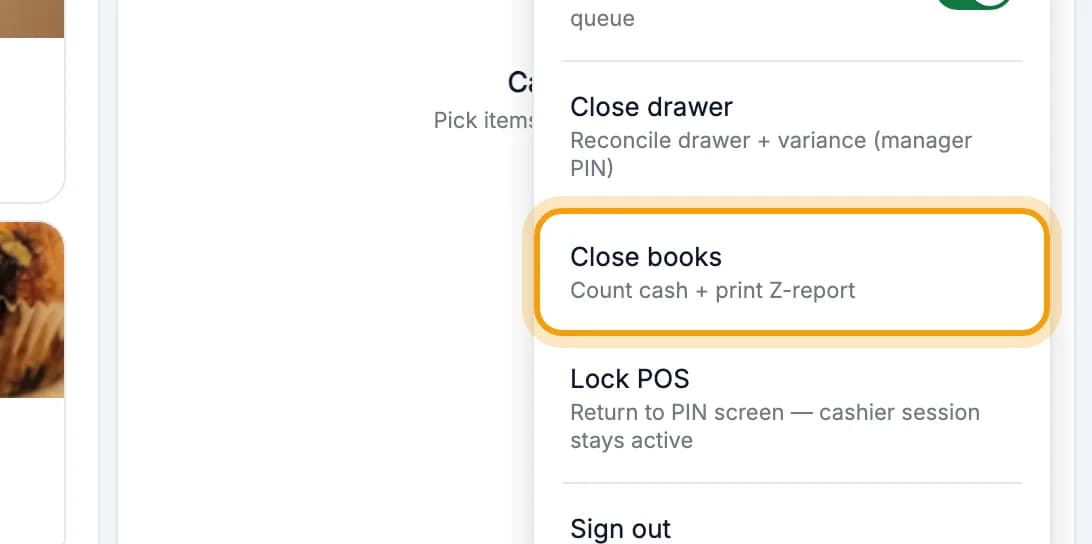 User menu open, Close books ringed