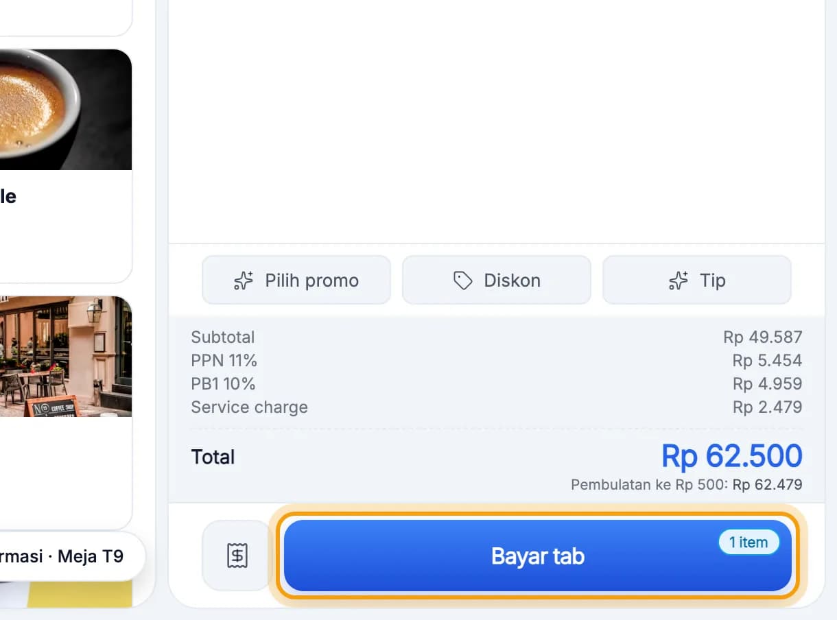 Tombol Bayar tab disorot