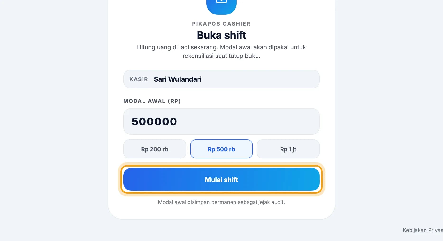 Layar Buka shift, tombol Mulai shift disorot