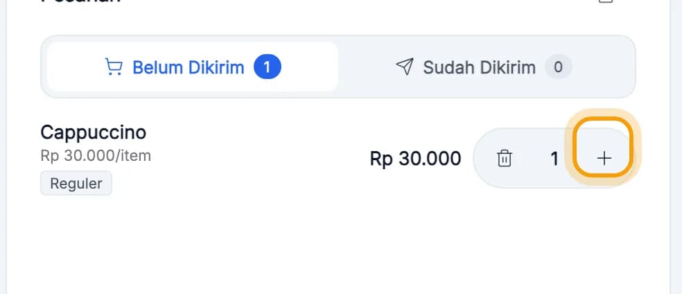 Baris pesanan Cappuccino, tombol tambah jumlah disorot