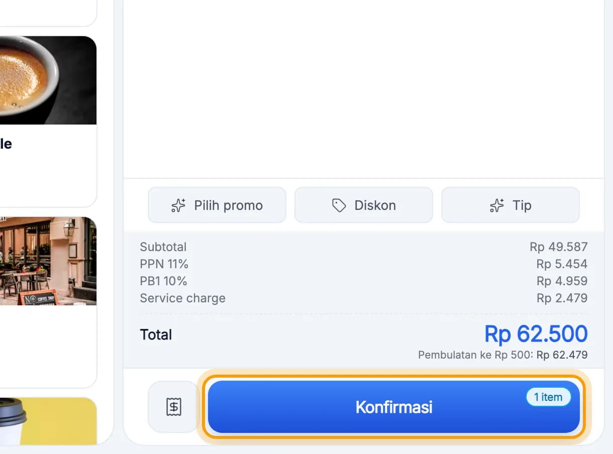 Tombol Konfirmasi di bawah kolom Pesanan disorot