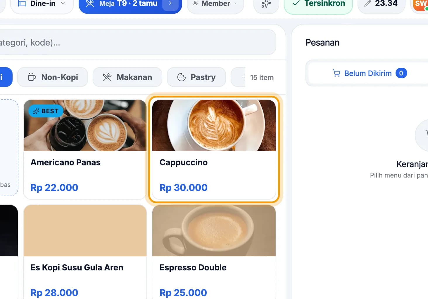 Daftar menu, Cappuccino disorot