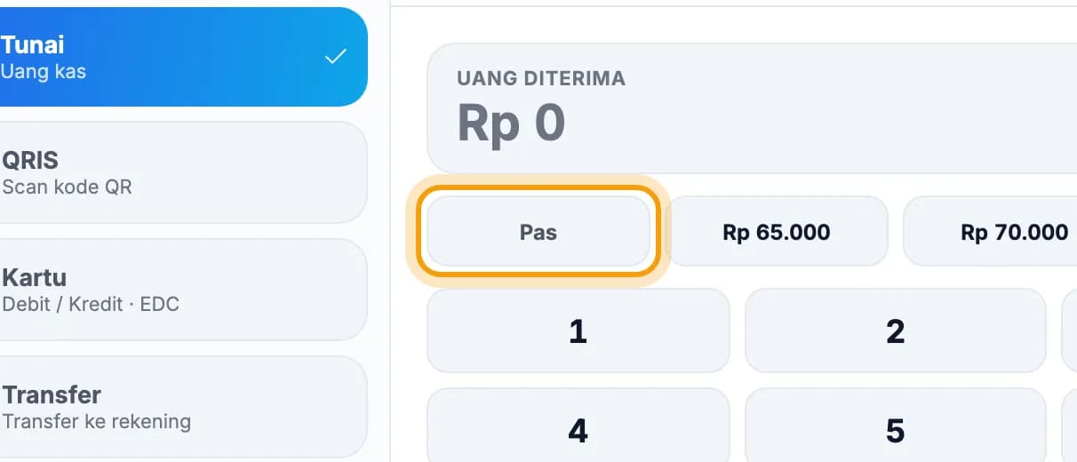 Tombol Pas di layar pembayaran disorot