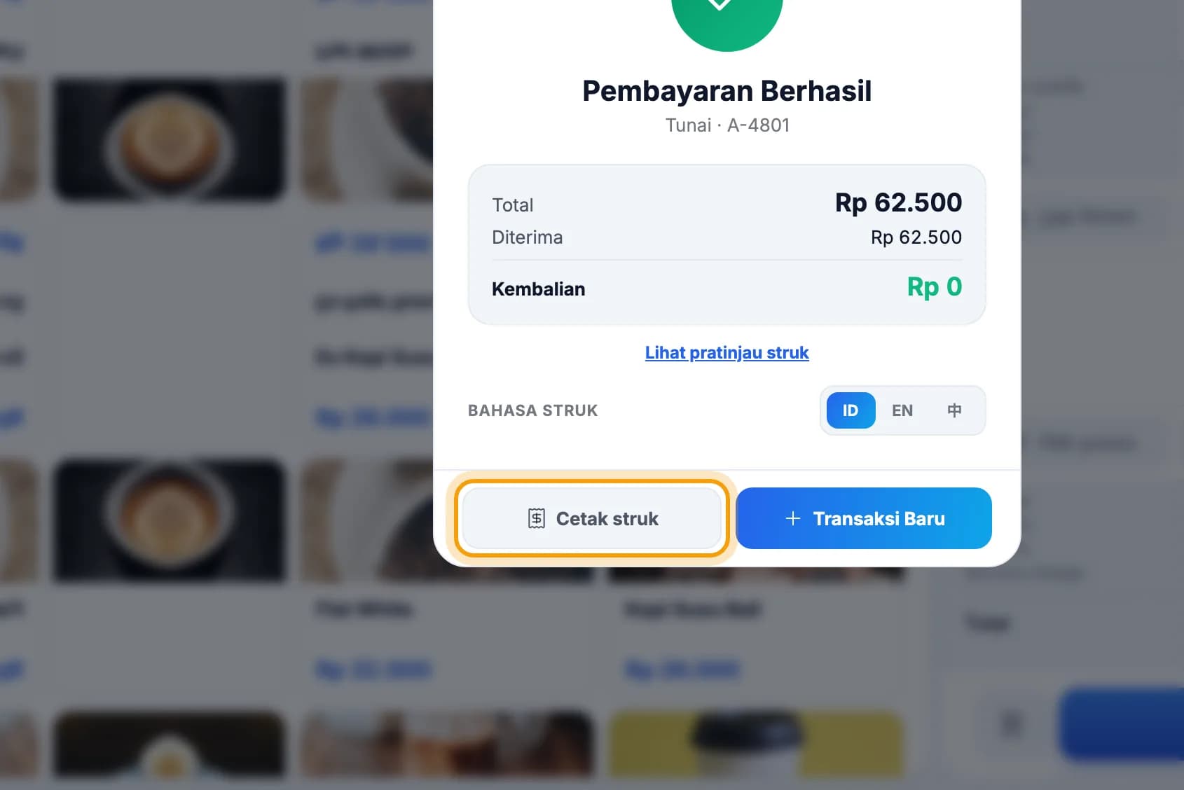 Layar Pembayaran Berhasil, tombol Cetak struk disorot