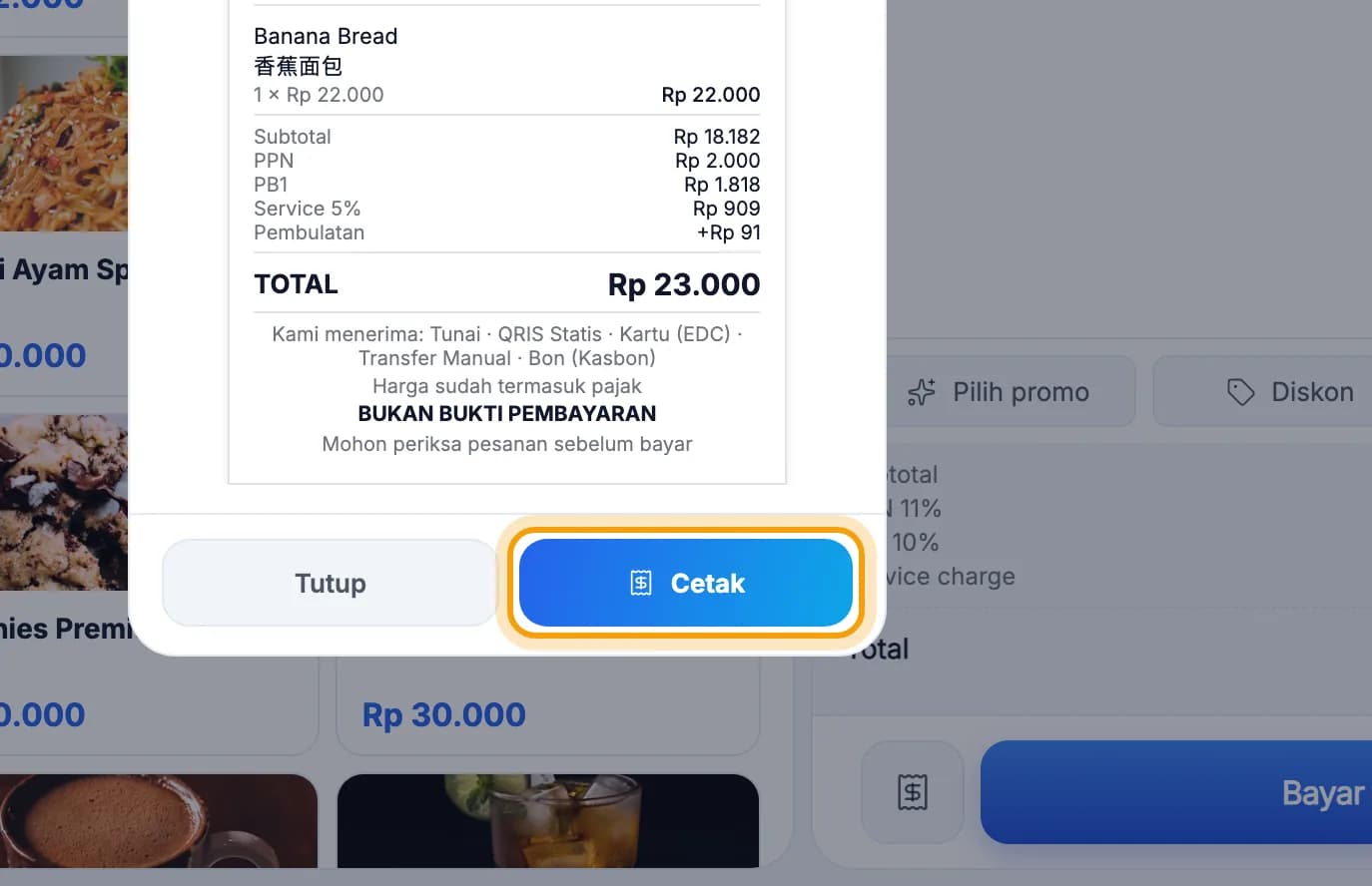 Pratinjau bon sementara, tombol Cetak disorot