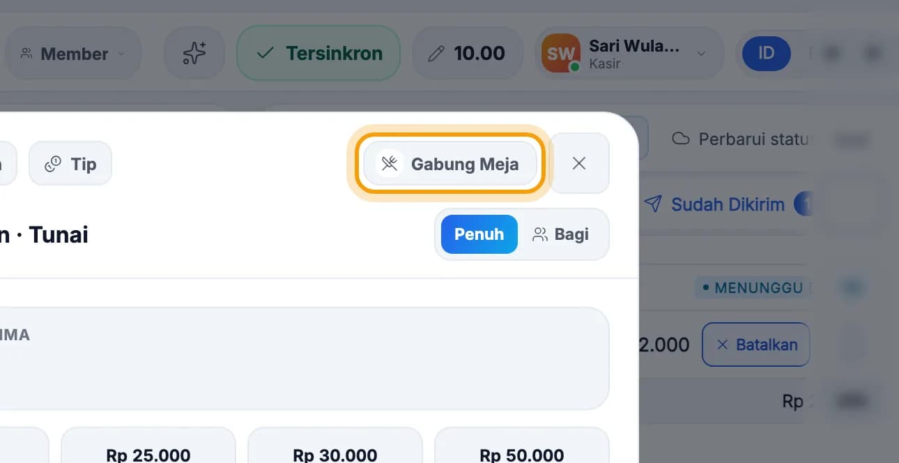Layar pembayaran, tombol Gabung Meja disorot