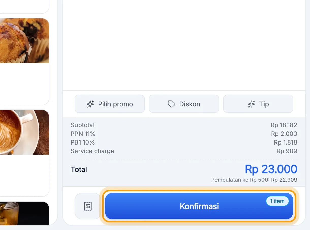 Tombol Konfirmasi di bawah kolom Pesanan disorot