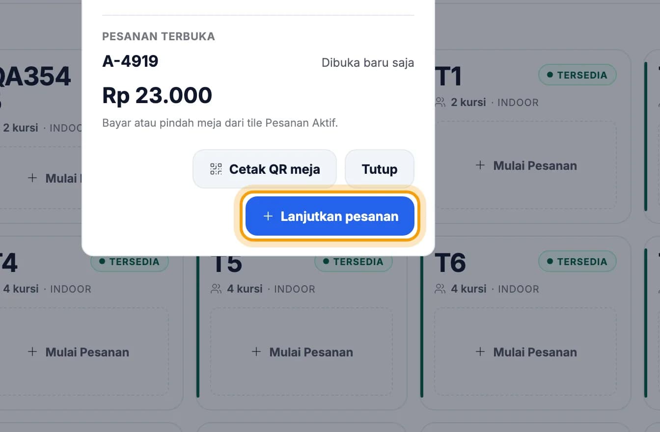 Jendela detail meja T3, tombol Lanjutkan pesanan disorot
