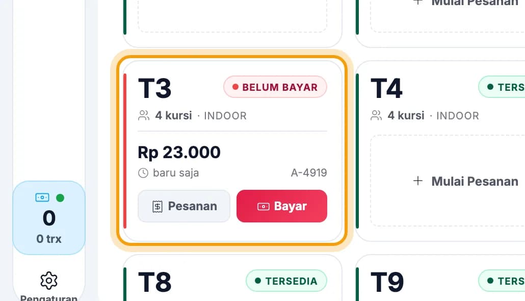Layar Tata Meja, kartu meja T3 bertanda Belum Bayar disorot