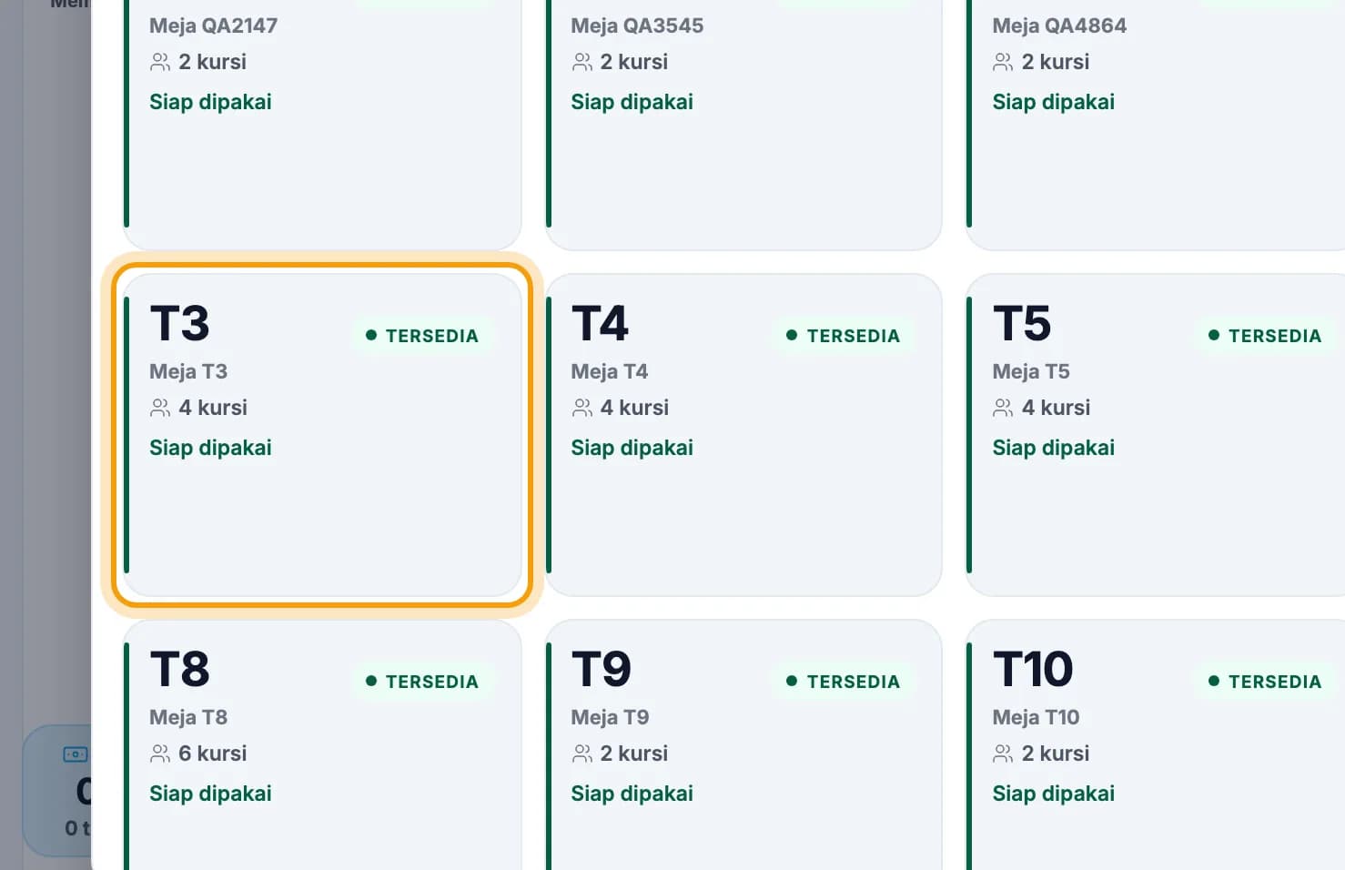 Daftar meja, meja T3 yang tersedia disorot