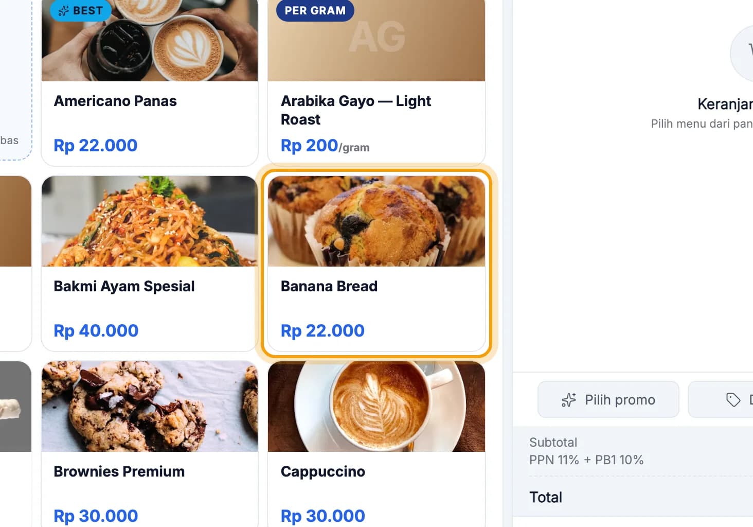 Daftar menu, Banana Bread disorot