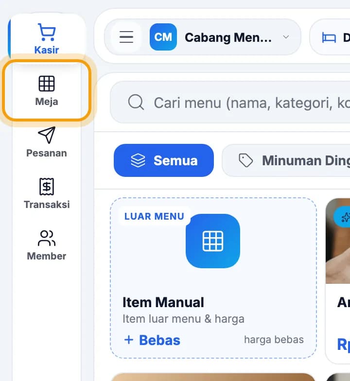 Menu kiri kasir, Meja disorot