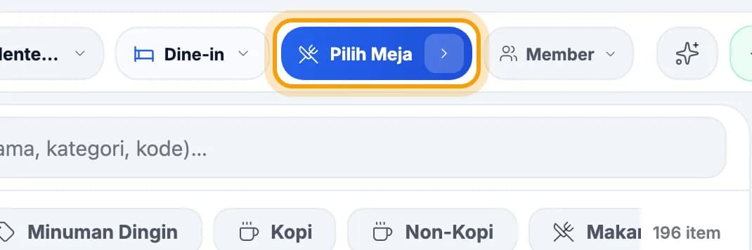 Bar atas kasir, tombol Pilih Meja disorot