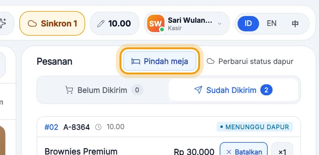 Kolom Pesanan, tombol Pindah meja disorot
