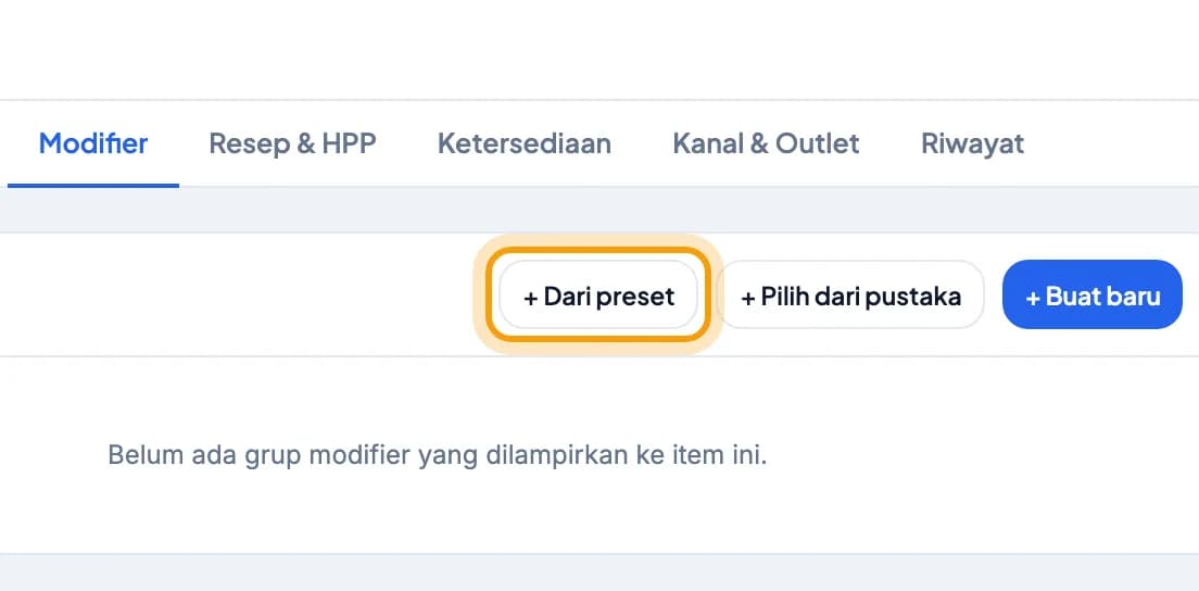 Tab Modifier, tombol + Dari preset disorot