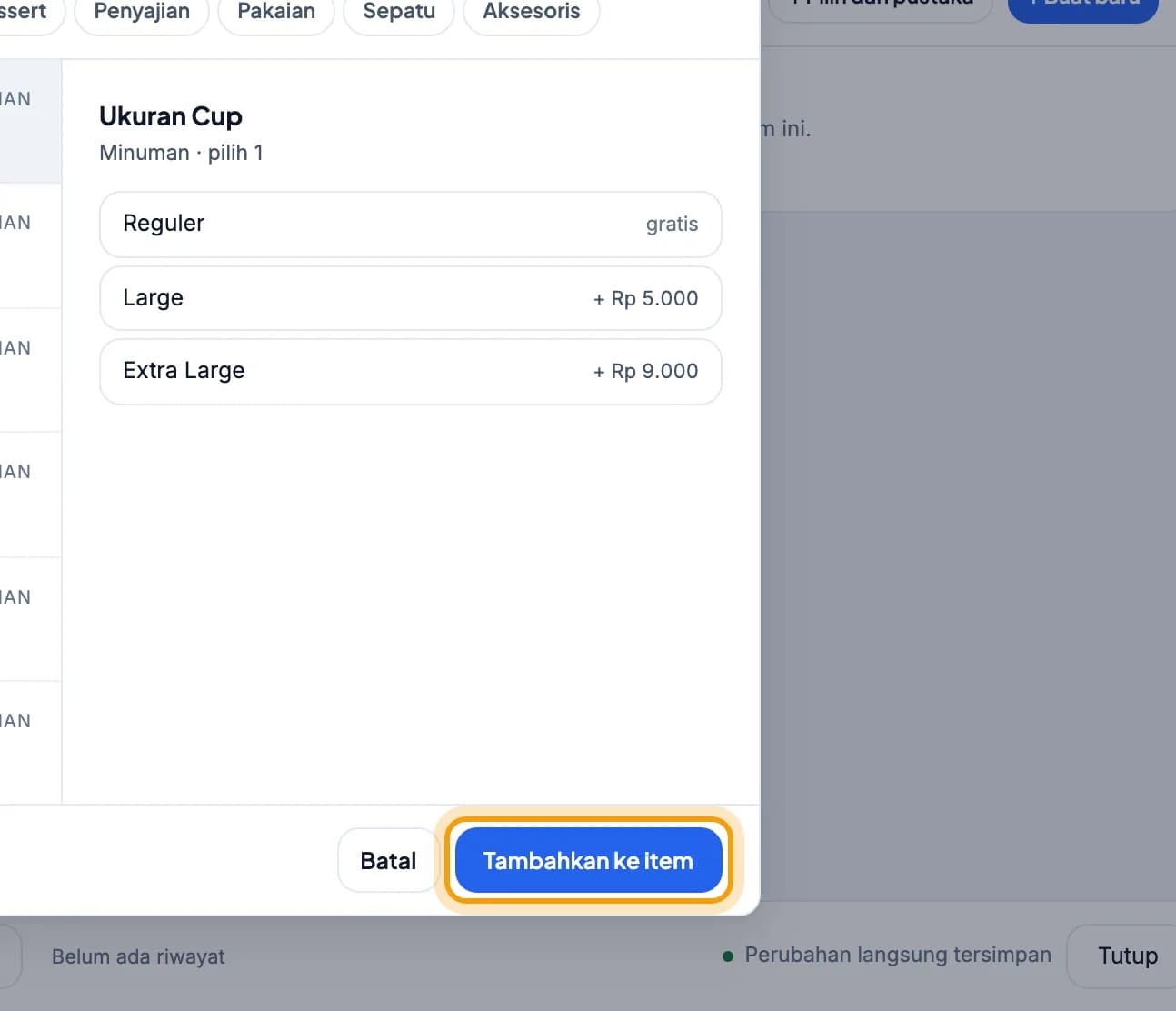 Daftar preset modifier, Ukuran Cup terpilih, tombol Tambahkan ke item disorot