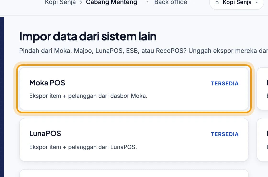 Halaman Impor data dari sistem lain, kartu Moka POS disorot
