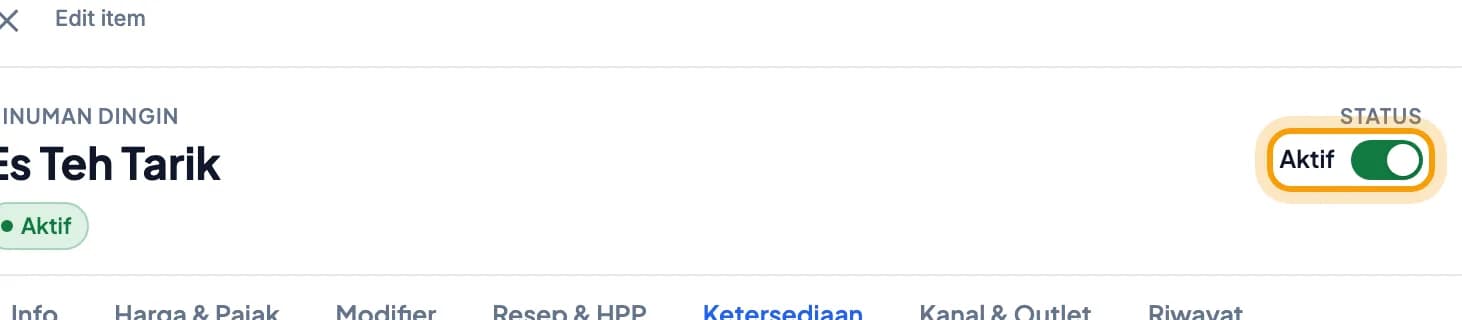 Tombol status Aktif di pojok kanan atas jendela item disorot