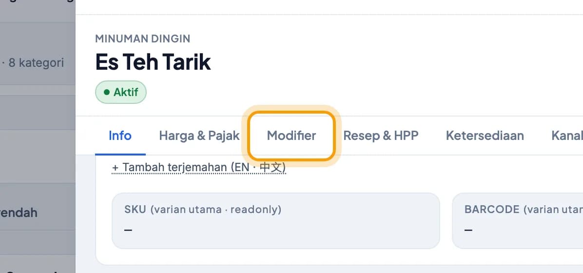 Jendela item Es Teh Tarik, tab Modifier disorot