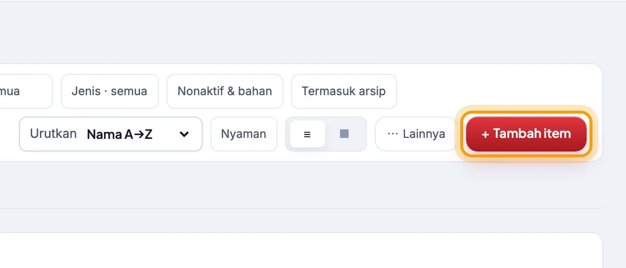 Bar atas Katalog, tombol + Tambah item disorot