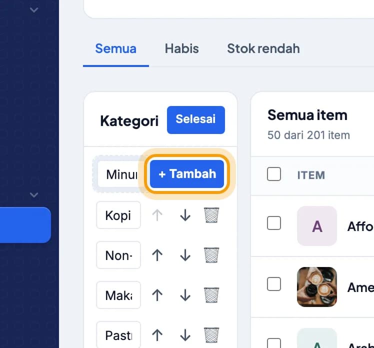 Kotak nama kategori baru, tombol + Tambah disorot
