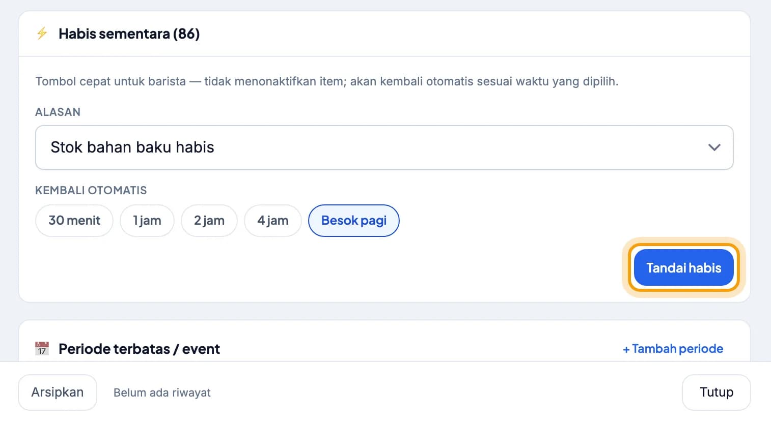 Kartu Habis sementara, tombol Tandai habis disorot