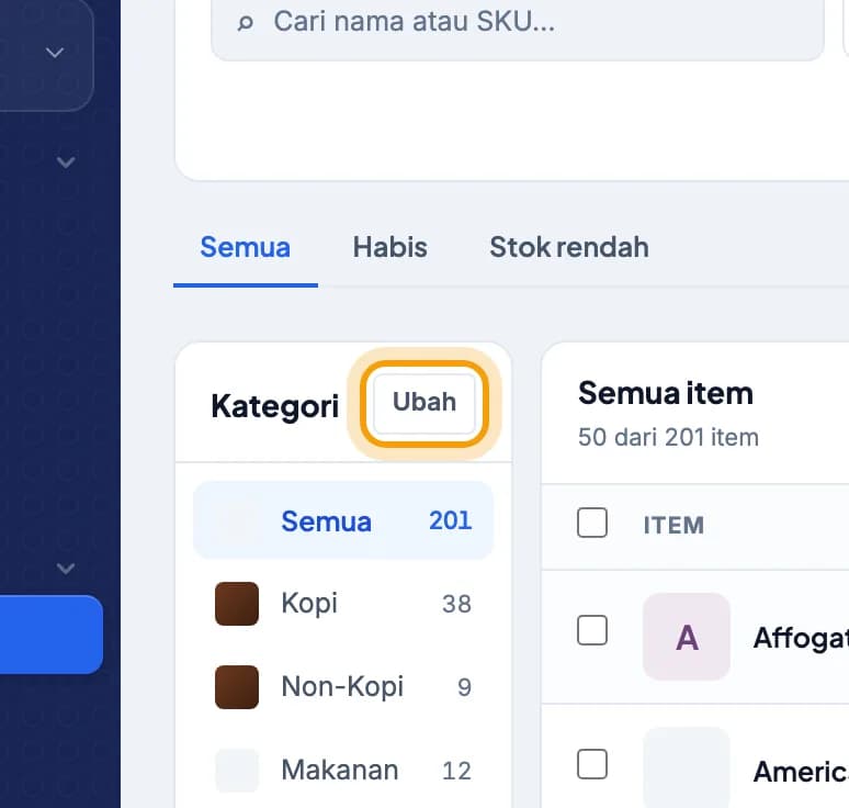 Halaman Katalog, tombol Ubah di kolom Kategori disorot