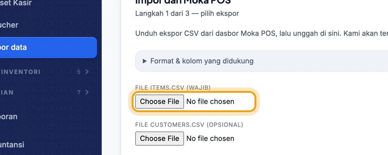 Formulir unggah file items.csv, tombol pilih file disorot