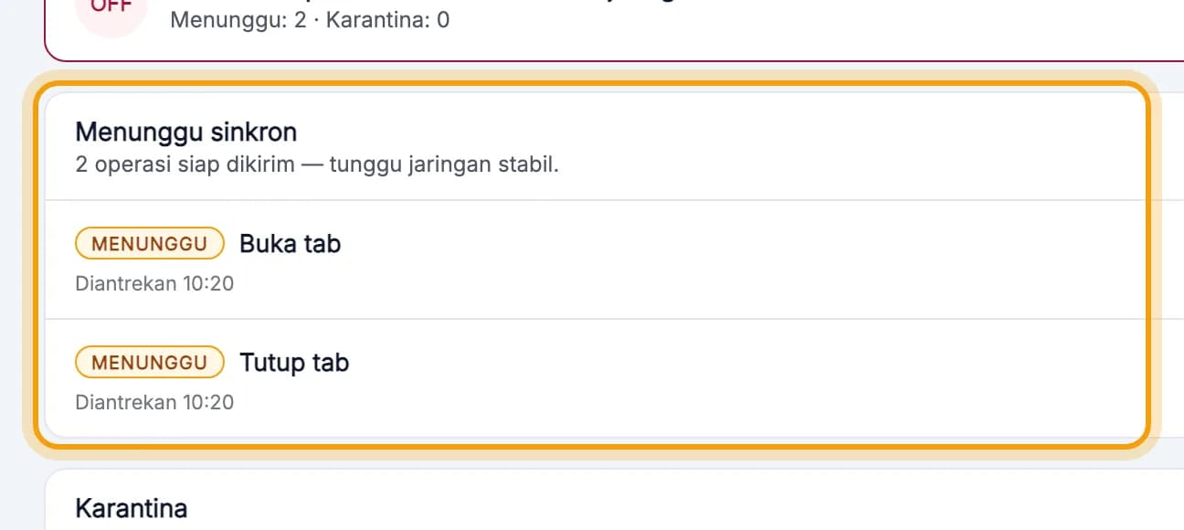 Layar Sinkronisasi, daftar Menunggu sinkron disorot
