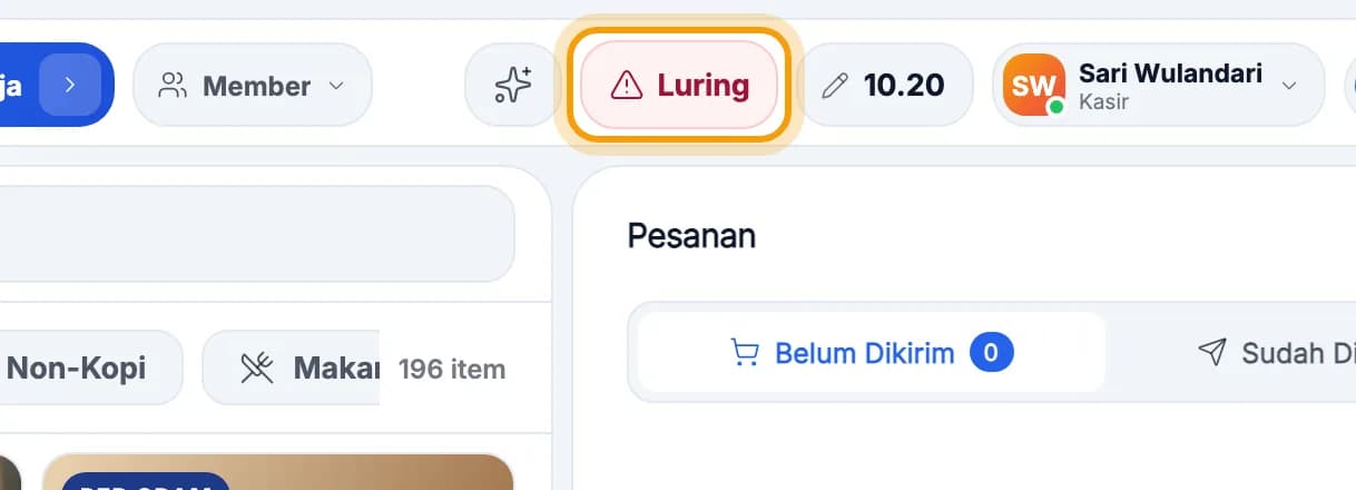 Bar atas kasir, tombol status Luring disorot