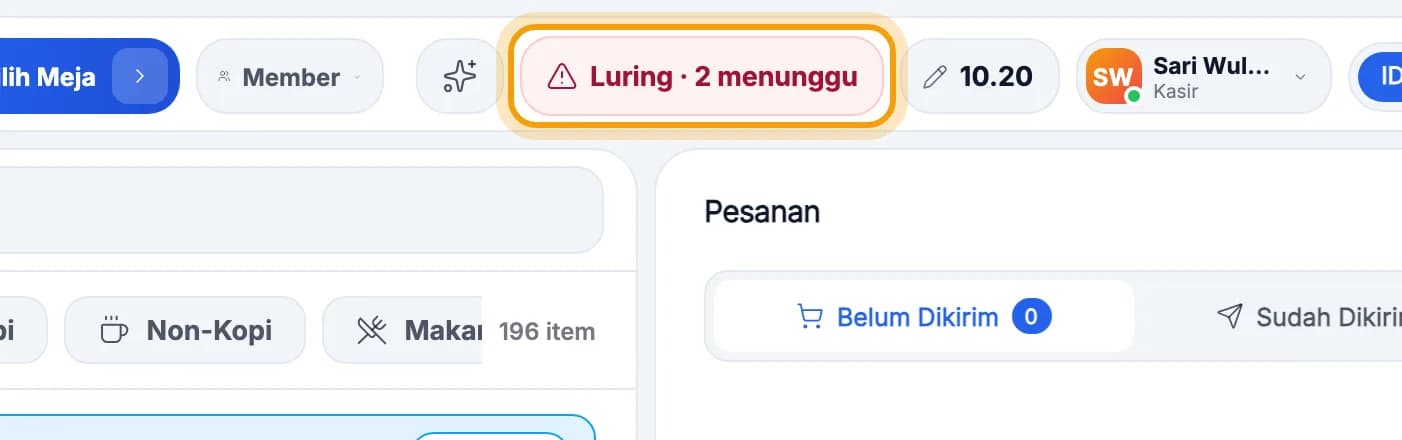 Tombol status Luring · 2 menunggu disorot