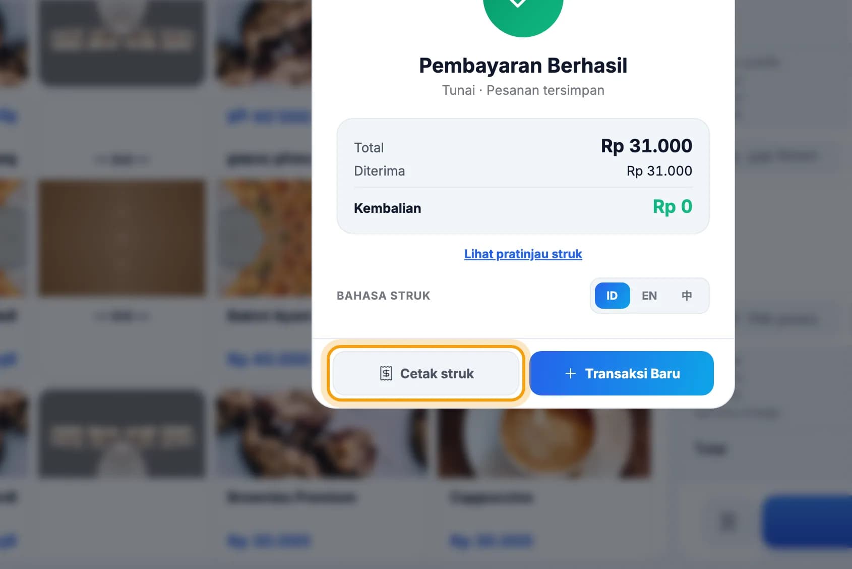 Layar Pembayaran Berhasil, tombol Cetak struk disorot