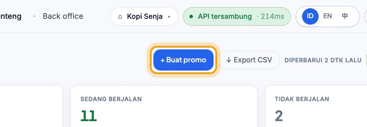 Halaman Promosi, tombol Buat promo disorot