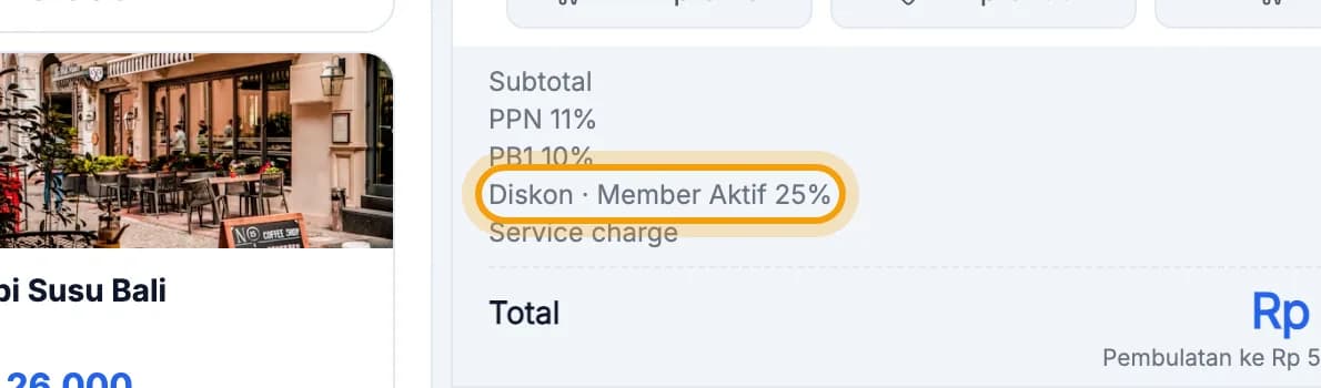 Rincian total, baris Diskon Member Aktif 25% disorot