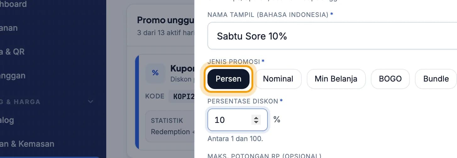 Pilihan jenis promo, Diskon % disorot